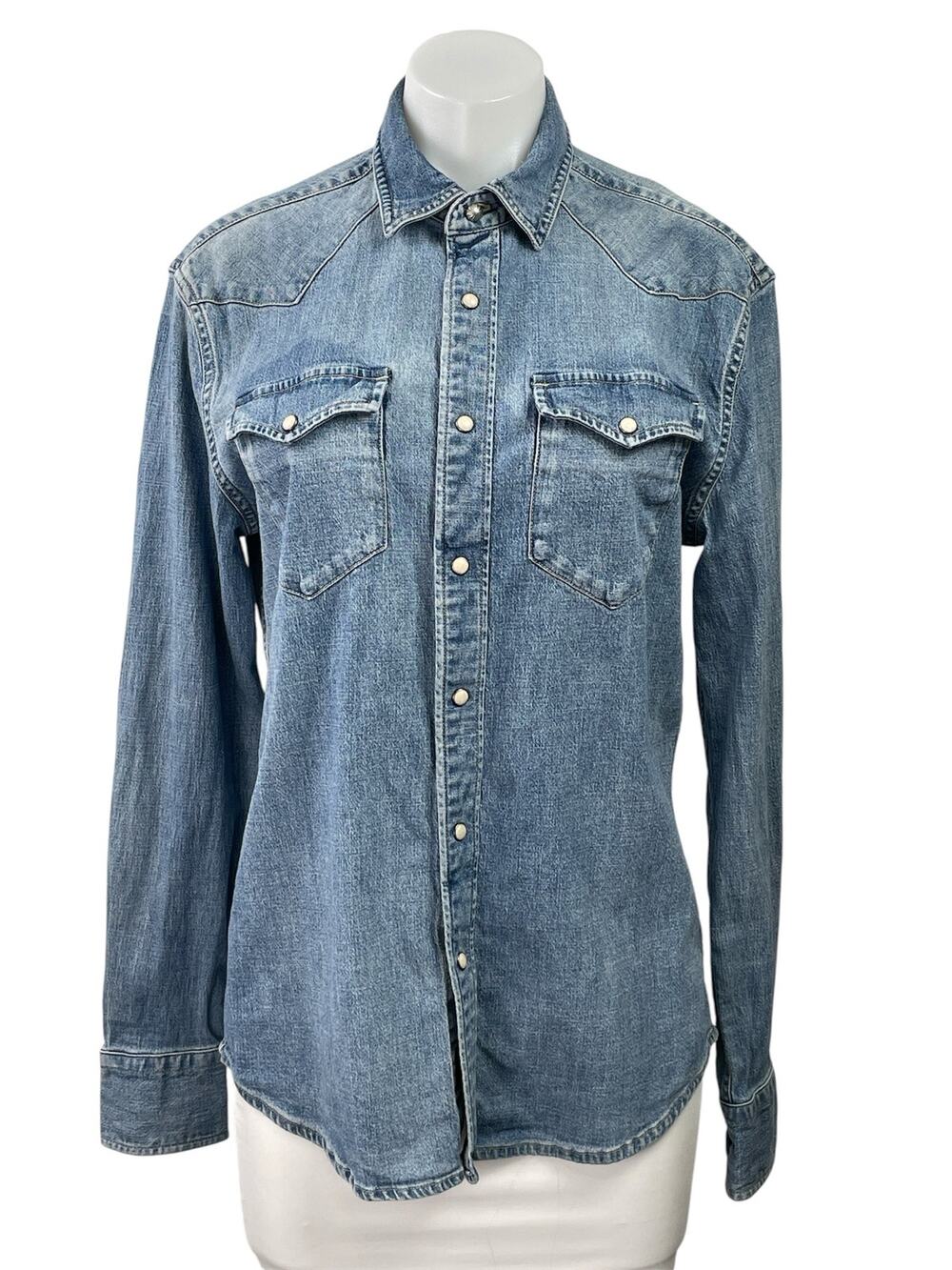 Faherty Women's Blue Long Sleeve Pocket Button Down Denim Jean Shirt Top Size S